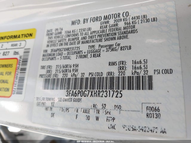 Продажа на аукционе авто 2017 Ford Fusion S, vin: 3FA6P0G7XHR231725, номер лота: 46191814