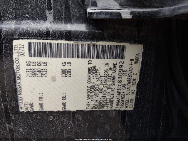 2012 Nissan Maxima 3.5 Sv მანქანა იყიდება აუქციონზე, vin: 1N4AA5AP3CC830992, აუქციონის ნომერი: 46191816