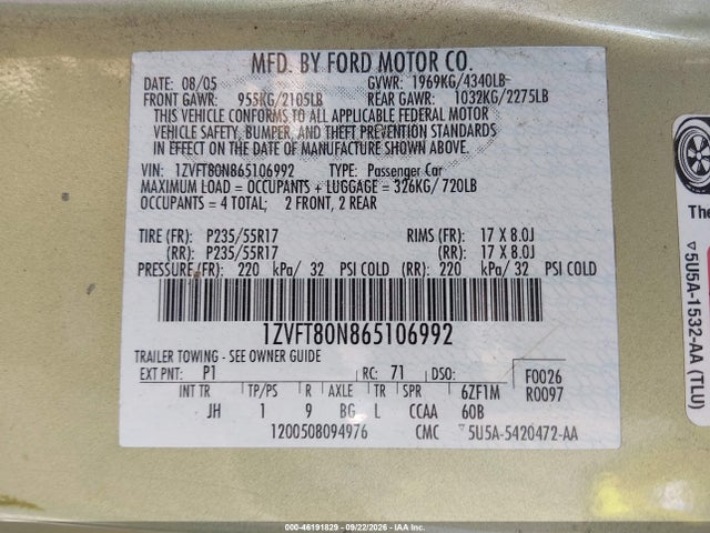 Продажа на аукционе авто 2006 Ford Mustang V6, vin: 1ZVFT80N865106992, номер лота: 46191829