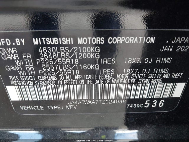46191838 :رقم المزاد ، JA4ATWAA7TZ024036 vin ، 2026 Mitsubishi Eclipse Cross Black Edition S-awc/se S-awc/sel S-awc مزاد بيع
