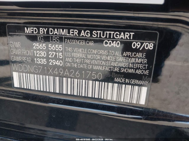 46191845 :رقم المزاد ، WDDNG71X49A261750 vin ، 2009 Mercedes-benz S 550 مزاد بيع
