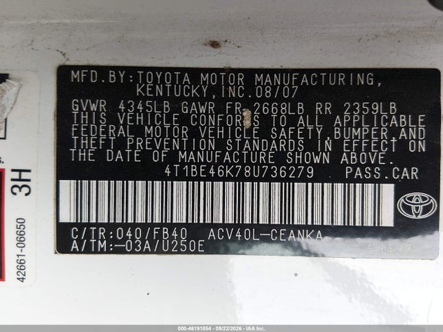 2008 Toyota Camry Le მანქანა იყიდება აუქციონზე, vin: 4T1BE46K78U736279, აუქციონის ნომერი: 46191854