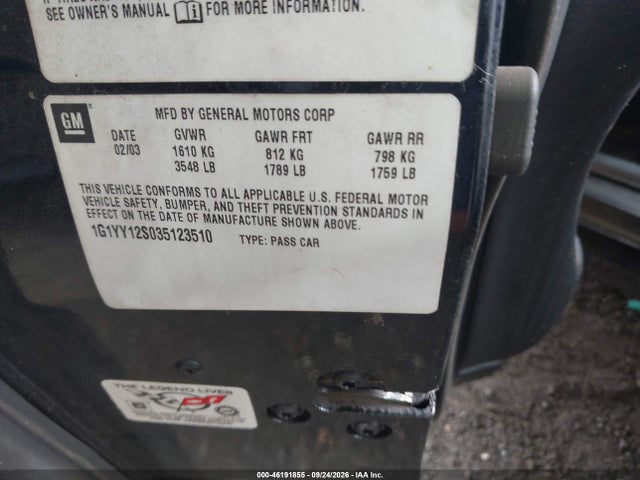 46191855 :رقم المزاد ، 1G1YY12S035123510 vin ، 2003 Chevrolet Corvette Z06 مزاد بيع