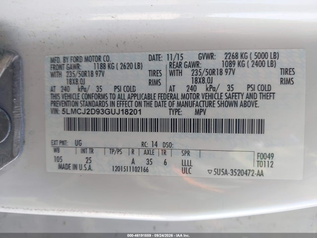 46191859 :رقم المزاد ، 5LMCJ2D93GUJ18201 vin ، 2016 Lincoln Mkc Select مزاد بيع