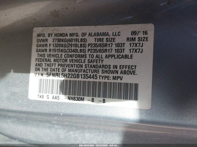 Aukcja sprzedaży 2016 Honda Odyssey Lx, vin: 5FNRL5H22GB135445, numer aukcji: 46191860