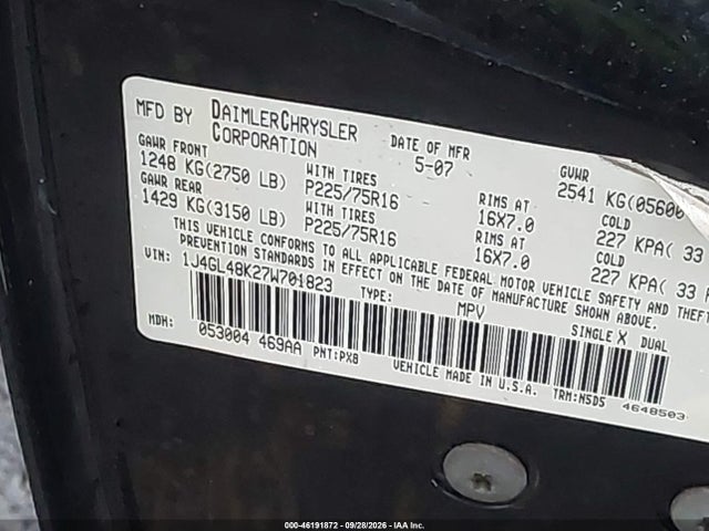 46191872 :رقم المزاد ، 1J4GL48K27W701823 vin ، 2007 Jeep Liberty Sport مزاد بيع