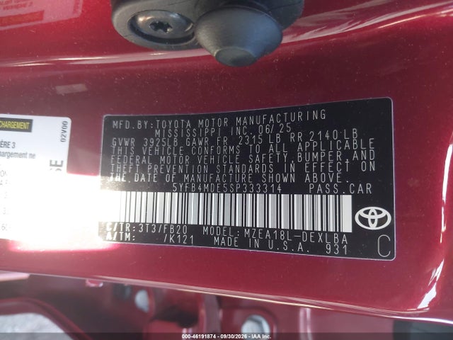 Aukcja sprzedaży 2025 Toyota Corolla Le, vin: 5YFB4MDE5SP333314, numer aukcji: 46191874