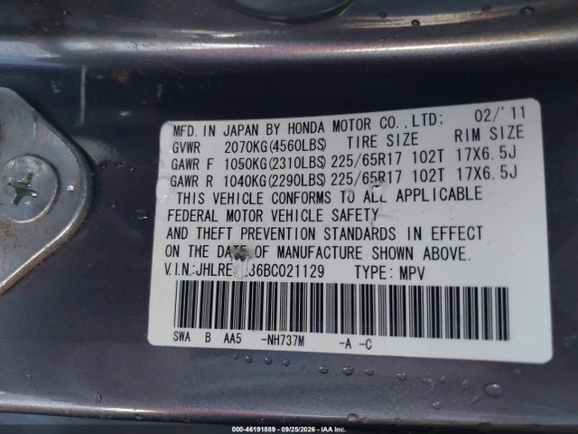 Aukcja sprzedaży 2011 Honda Cr-v Lx, vin: JHLRE4H36BC021129, numer aukcji: 46191889