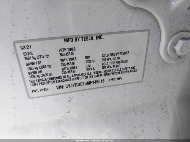 Aukcja sprzedaży 2021 Tesla Model Y Long Range Dual Motor All-wheel Drive, vin: 5YJYGDEE3MF145616, numer aukcji: 46191892