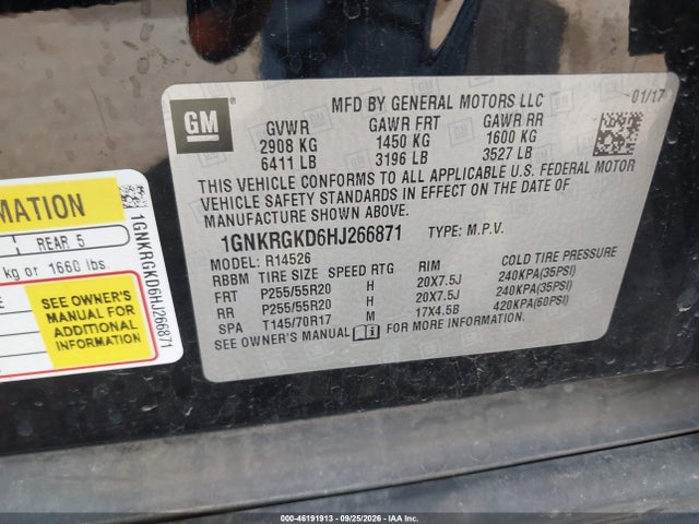 Aukcja sprzedaży 2017 Chevrolet Traverse 1lt, vin: 1GNKRGKD6HJ266871, numer aukcji: 46191913