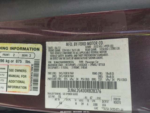 Продажа на аукционе авто 2013 Lincoln Mkz, vin: 3LN6L2GK0DR828376, номер лота: 46191923