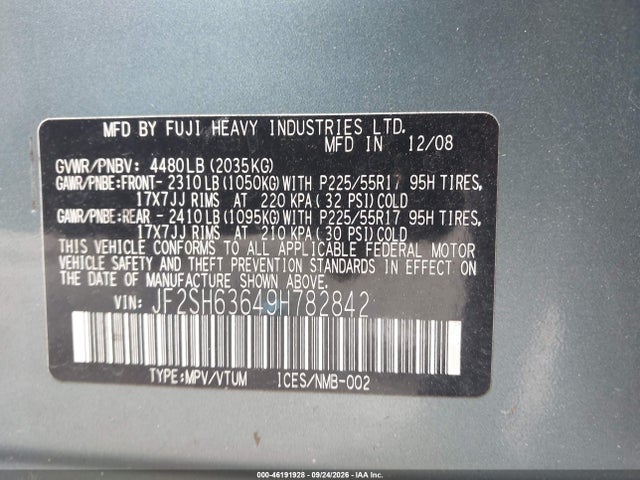 Продаж на аукціоні авто 2009 Subaru Forester (natl) X W/prem/all-weather, vin: JF2SH63649H782842, номер лоту: 46191928