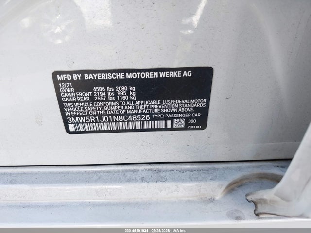 2022 Bmw 330i მანქანა იყიდება აუქციონზე, vin: 3MW5R1J01N8C48526, აუქციონის ნომერი: 46191934