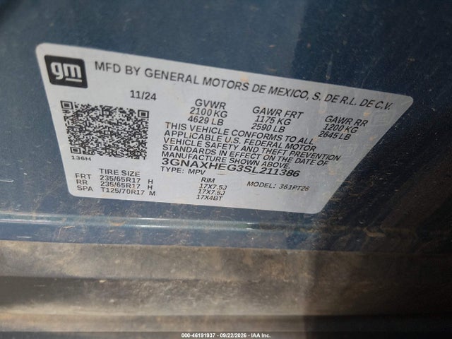 2025 Chevrolet Equinox Fwd Lt მანქანა იყიდება აუქციონზე, vin: 3GNAXHEG3SL211386, აუქციონის ნომერი: 46191937