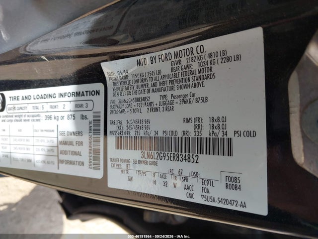 Продажа на аукционе авто 2014 Lincoln Mkz, vin: 3LN6L2G95ER834852, номер лота: 46191964