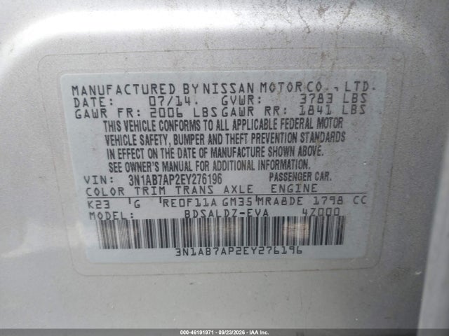Aukcja sprzedaży 2014 Nissan Sentra Sv, vin: 3N1AB7AP2EY276196, numer aukcji: 46191971