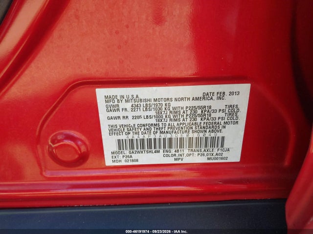 46191974 :رقم المزاد ، 4A4AP3AU3DE016049 vin ، 2013 Mitsubishi Outlander Sport Es مزاد بيع