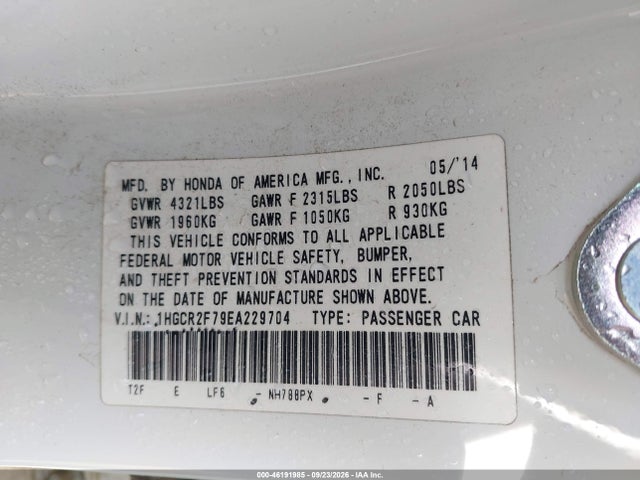 46191985 :رقم المزاد ، 1HGCR2F79EA229704 vin ، 2014 Honda Accord Ex مزاد بيع