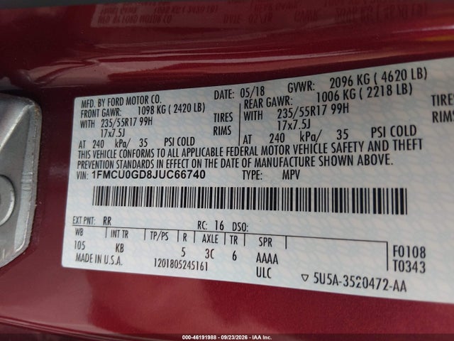 Продажа на аукционе авто 2018 Ford Escape Se, vin: 1FMCU0GD8JUC66740, номер лота: 46191988