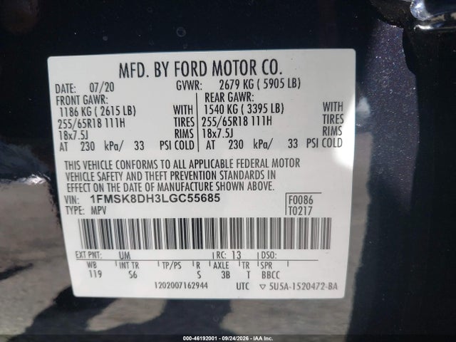 46192001 :رقم المزاد ، 1FMSK8DH3LGC55685 vin ، 2020 Ford Explorer Xlt مزاد بيع