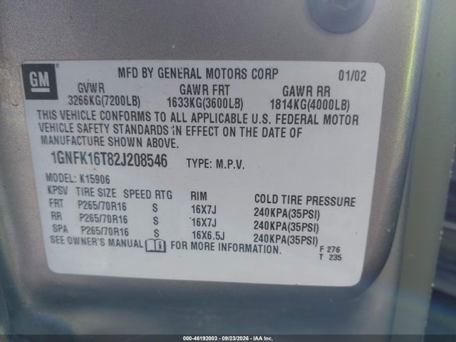 Продажа на аукционе авто 2002 Chevrolet Suburban K1500, vin: 1GNFK16T82J208546, номер лота: 46192003