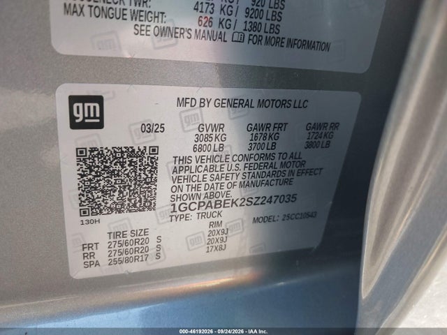 46192026 :رقم المزاد ، 1GCPABEK2SZ247035 vin ، 2025 Chevrolet Silverado 1500 2wd  Short Bed Custom مزاد بيع