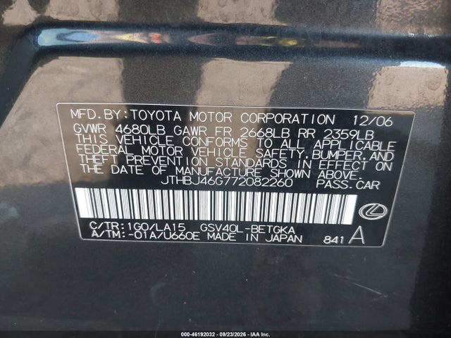Продажа на аукционе авто 2007 Lexus Es 350, vin: JTHBJ46G772082260, номер лота: 46192032