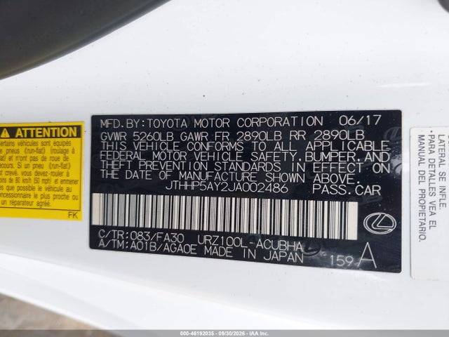 46192035 :رقم المزاد ، JTHHP5AY2JA002486 vin ، 2018 Lexus Lc 500 مزاد بيع
