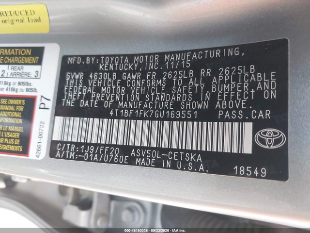 2016 Toyota Camry Se მანქანა იყიდება აუქციონზე, vin: 4T1BF1FK7GU169551, აუქციონის ნომერი: 46192036