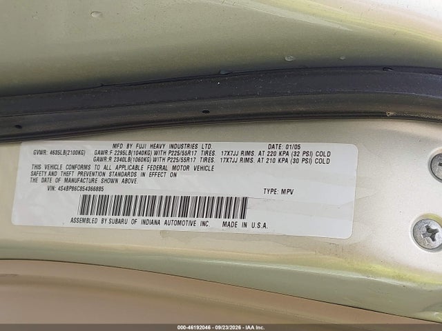 Aukcja sprzedaży 2005 Subaru Outback 3.0r L.l. Bean Edition, vin: 4S4BP86C854366885, numer aukcji: 46192046