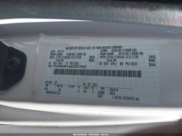 46192048 :رقم المزاد ، 1FDWE4FL6EDA77925 vin ، 2014 Ford Econoline E450 Super Duty Cutwy Van مزاد بيع