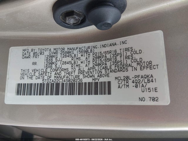 Aukcja sprzedaży 2004 Toyota Sienna Xle, vin: 5TDZA22C34S020236, numer aukcji: 46192073