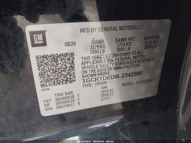 Продажа на аукционе авто 2020 Chevrolet Silverado 1500, vin: 1GCRYDED8LZ342590, номер лота: 46192072
