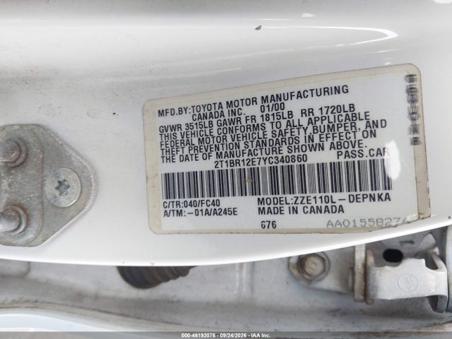 46192076 :رقم المزاد ، 2T1BR12E7YC340860 vin ، 2000 Toyota Corolla Le مزاد بيع