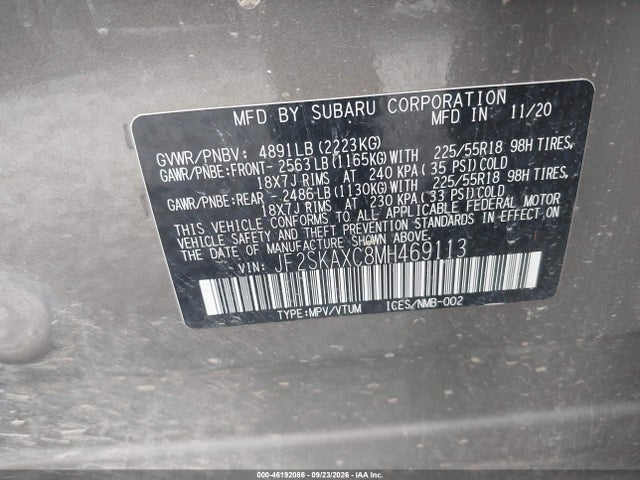 46192086 :رقم المزاد ، JF2SKAXC8MH469113 vin ، 2021 Subaru Forester Touring مزاد بيع