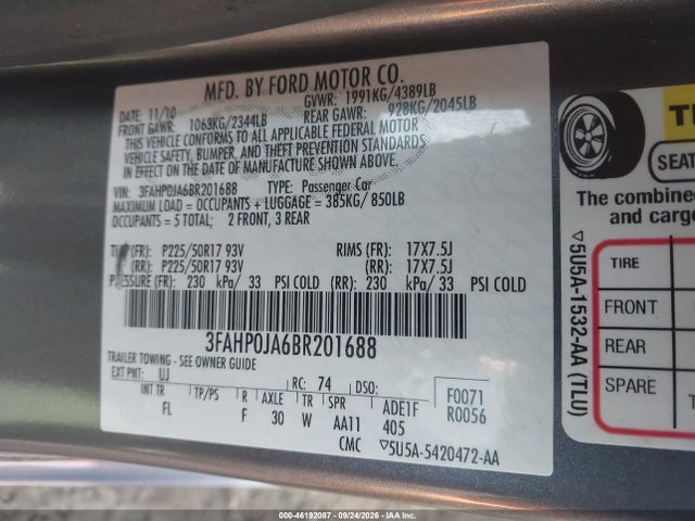 Aukcja sprzedaży 2011 Ford Fusion Sel, vin: 3FAHP0JA6BR201688, numer aukcji: 46192087