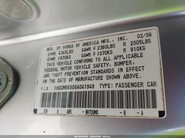 Aukcja sprzedaży 2006 Honda Accord Sdn Ex-l V6, vin: 1HGCM66506A041949, numer aukcji: 46192095