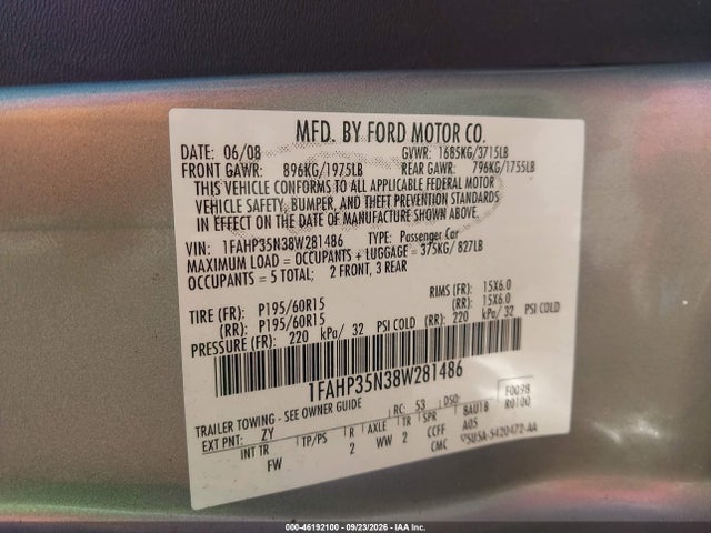 Продажа на аукционе авто 2008 Ford Focus Se/ses, vin: 1FAHP35N38W281486, номер лота: 46192100