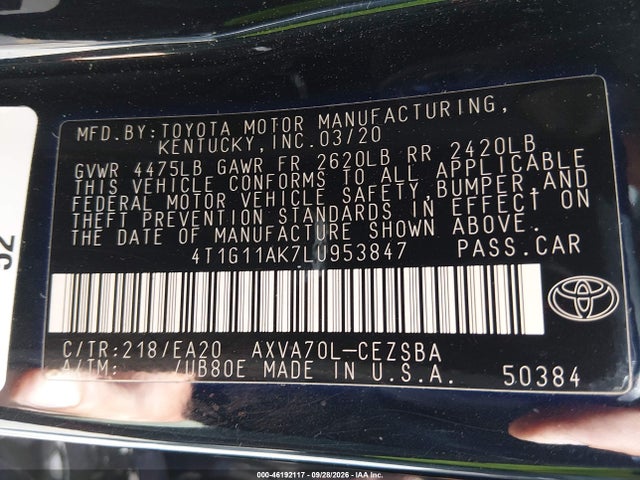 Aukcja sprzedaży 2020 Toyota Camry Se, vin: 4T1G11AK7LU953847, numer aukcji: 46192117
