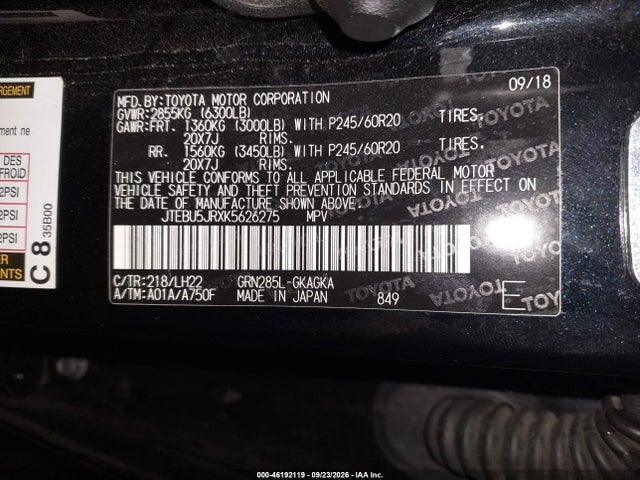 Продажа на аукционе авто 2019 Toyota 4runner Limited Nightshade, vin: JTEBU5JRXK5626275, номер лота: 46192119