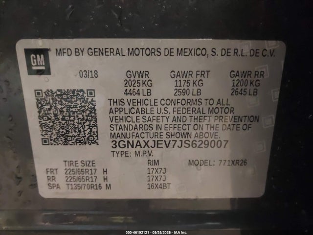 46192121 :رقم المزاد ، 3GNAXJEV7JS629007 vin ، 2018 Chevrolet Equinox Lt مزاد بيع