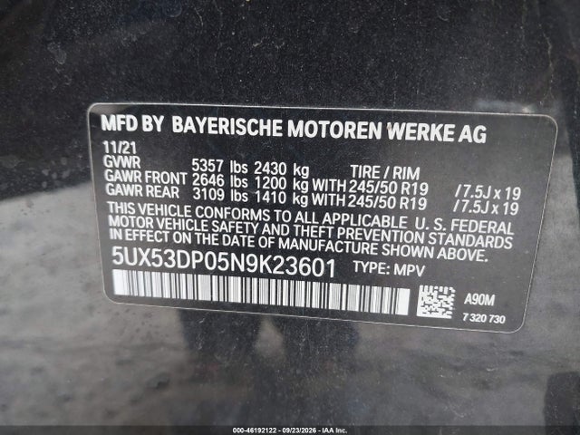 Продаж на аукціоні авто 2022 Bmw X3 Xdrive30i, vin: 5UX53DP05N9K23601, номер лоту: 46192122