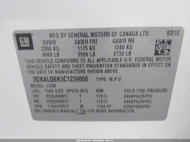 46192139 :رقم المزاد ، 2GNALDEK3C1239880 vin ، 2012 Chevrolet Equinox Lt W/1lt مزاد بيع