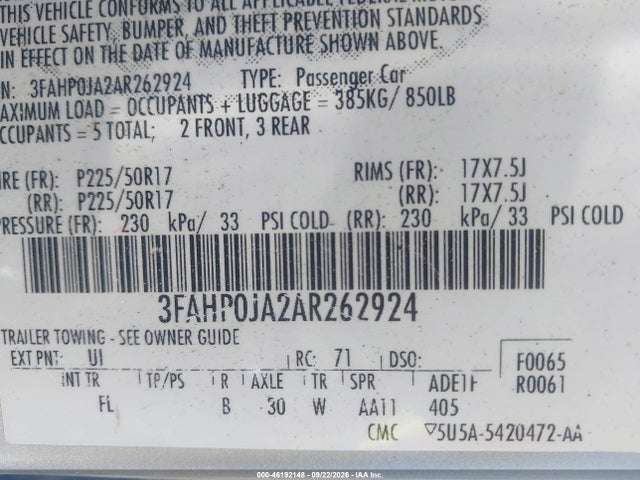 Aukcja sprzedaży 2010 Ford Fusion Sel, vin: 3FAHP0JA2AR262924, numer aukcji: 46192148