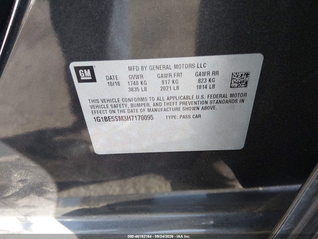46192164 :رقم المزاد ، 1G1BE5SM3H7170095 vin ، 2017 Chevrolet Cruze Lt Auto مزاد بيع