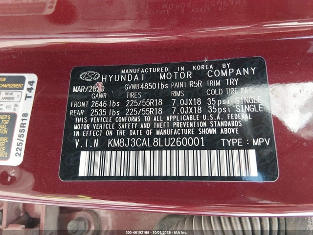Aukcja sprzedaży 2020 Hyundai Tucson Sel, vin: KM8J3CAL8LU260001, numer aukcji: 46192165
