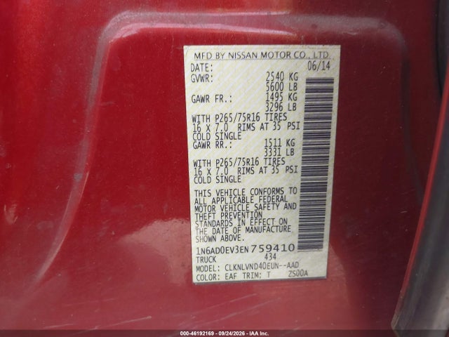 2014 Nissan Frontier Pro-4x მანქანა იყიდება აუქციონზე, vin: 1N6AD0EV3EN759410, აუქციონის ნომერი: 46192169