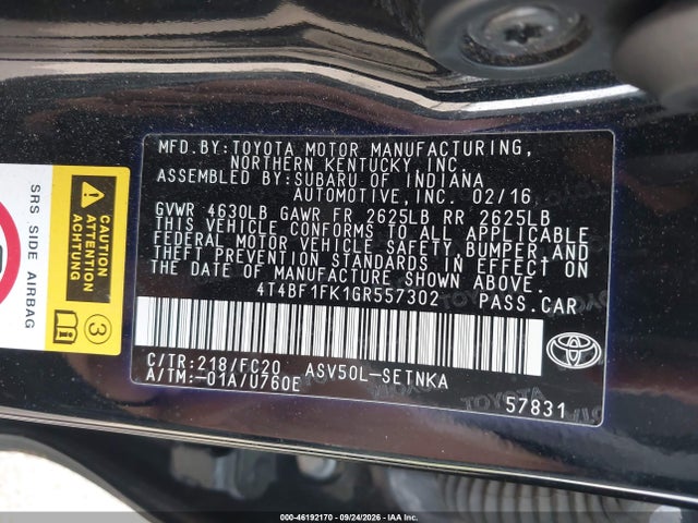 Продаж на аукціоні авто 2016 Toyota Camry Le, vin: 4T4BF1FK1GR557302, номер лоту: 46192170