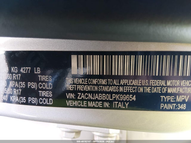 Продаж на аукціоні авто 2020 Jeep Renegado Altitude Fwd, vin: ZACNJABB0LPK99654, номер лоту: 46192187
