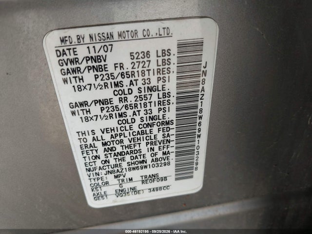 2009 Nissan Murano S მანქანა იყიდება აუქციონზე, vin: JN8AZ18W69W103298, აუქციონის ნომერი: 46192195